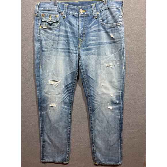 True Religion Billy Skull & Roses Mens Bootcut Distressed Jeans Size 38 - Picture 6 of 10